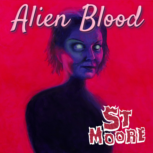 A spooky painting of St Moore with blue skin and day glow eyes