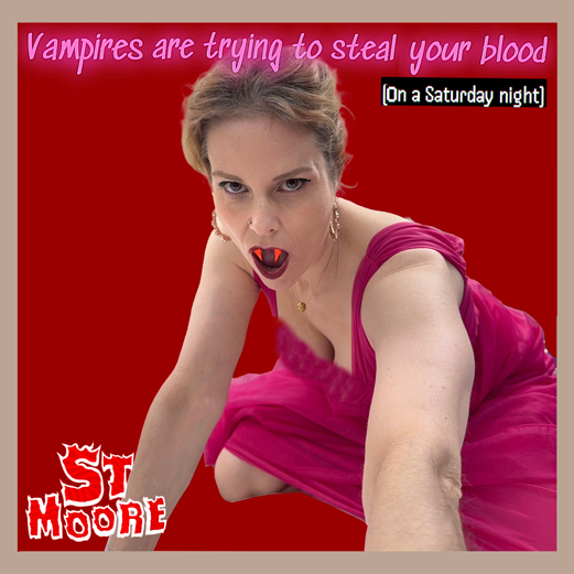 Cover image of St Moore, with light brown hair and a pink dress, as a vampire